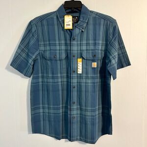 Carhartt Mens Plaid Short Sleeve Button Up Shirt Work Casual Blue‎ Medium